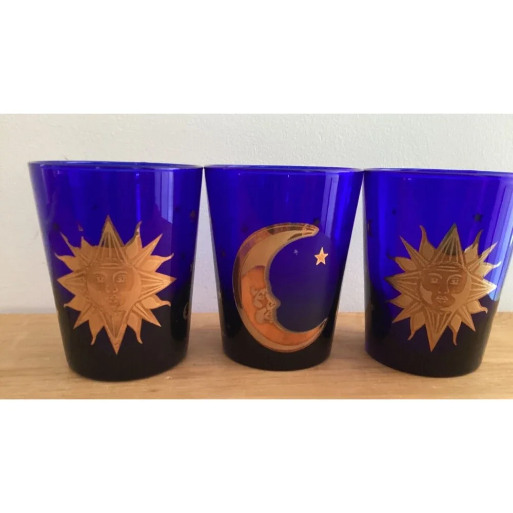 Set 3 Culver Cobalt Blue Glasses Gold Sun Moon Stars USA 12 oz Cocktail Glass